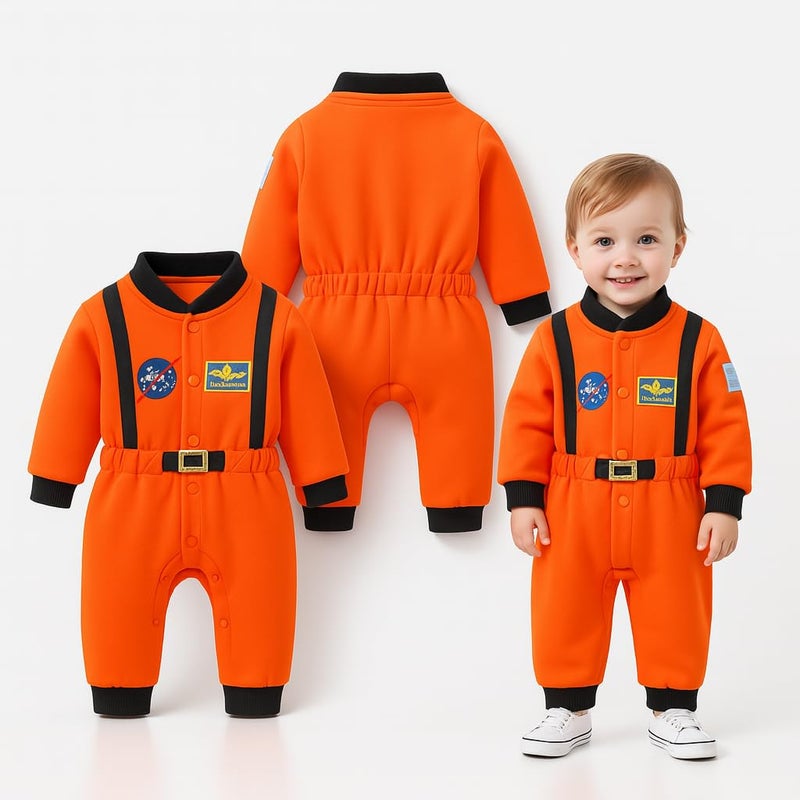 stylesilove Baby Toddler Boy Orange Astronaut Fleece Long Sleeve Jumpsuit (Orange, 12-18 Months) - Image 4